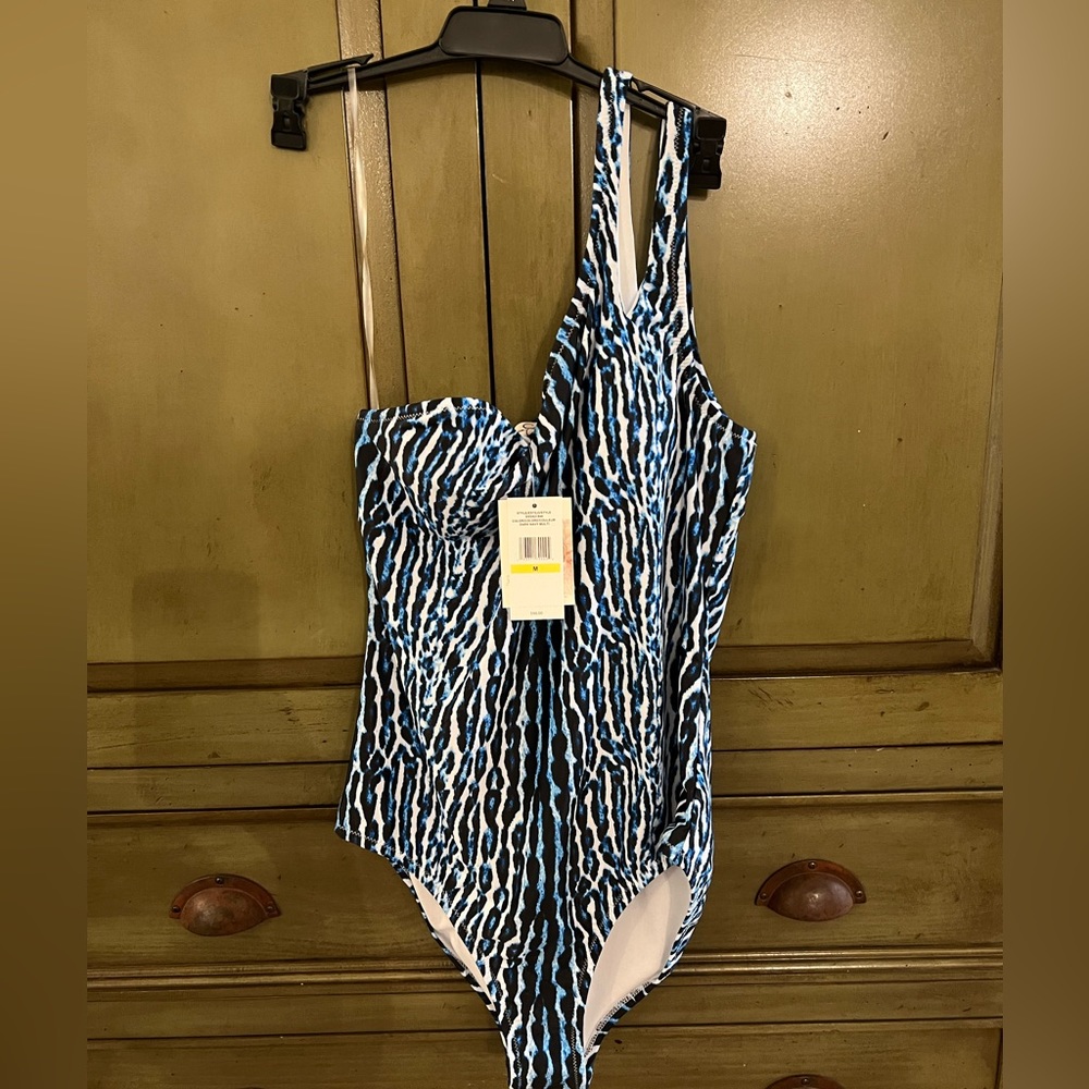 Jessica Simpson Assymetric Navy Leopard One-Piece Swimsuit - NWT size M